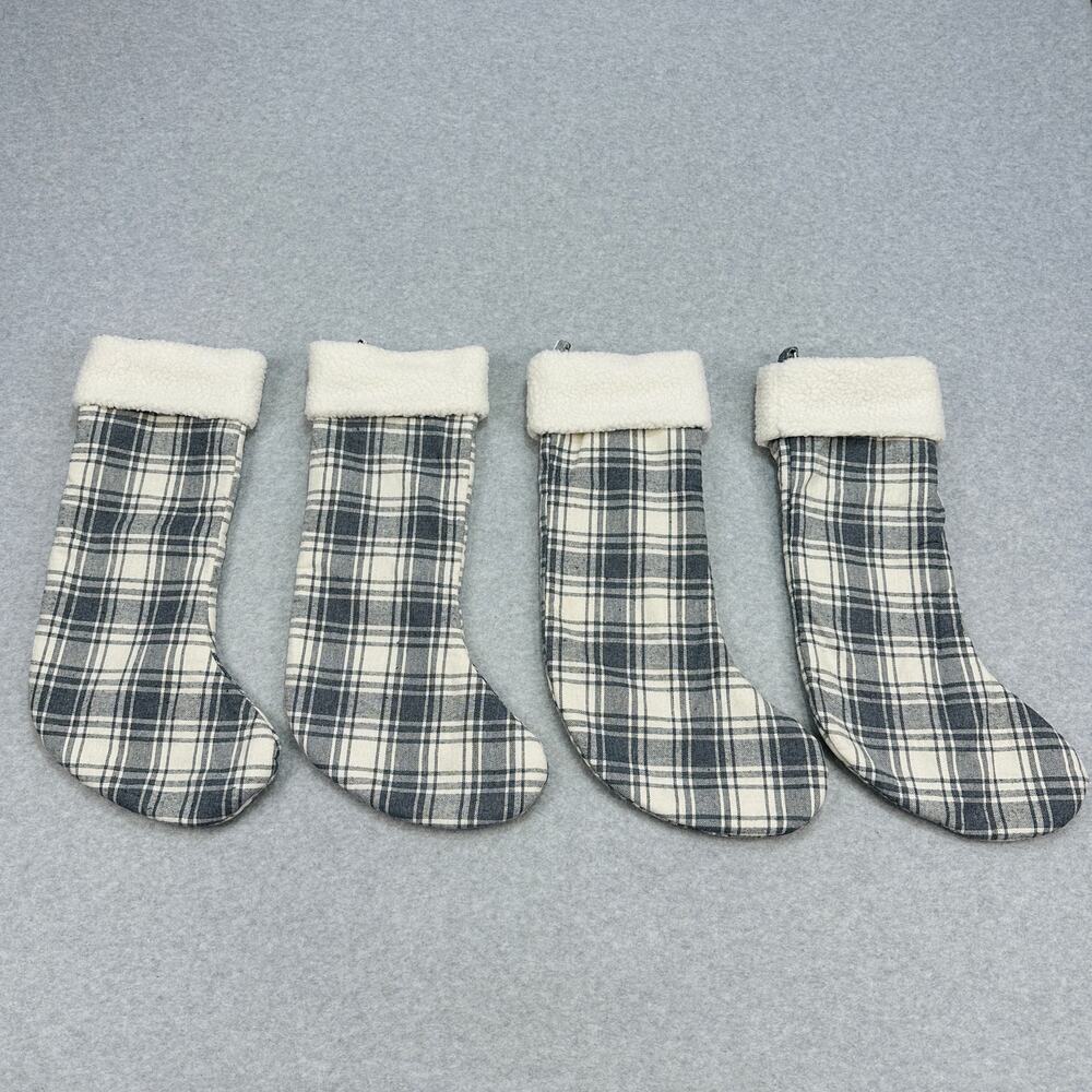 Holiday Home Christmas Farmhouse Stocking Set of 4 Gray Plaid White Sherpa Cuff
